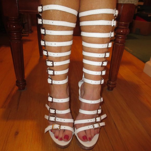 NIB Custom Made Leg Strapped White Leather High Heel Platform Sandals - Picture 12 of 15